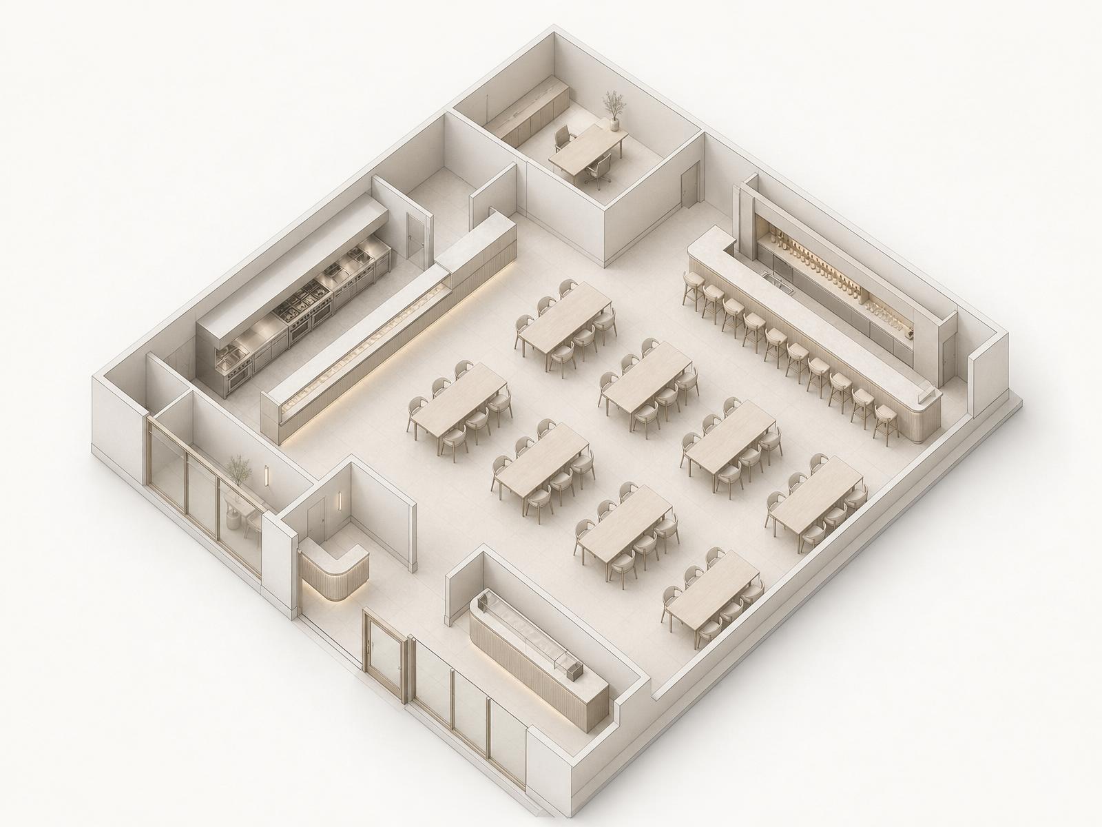 Isometric architectural floor plan of a modern restaurant