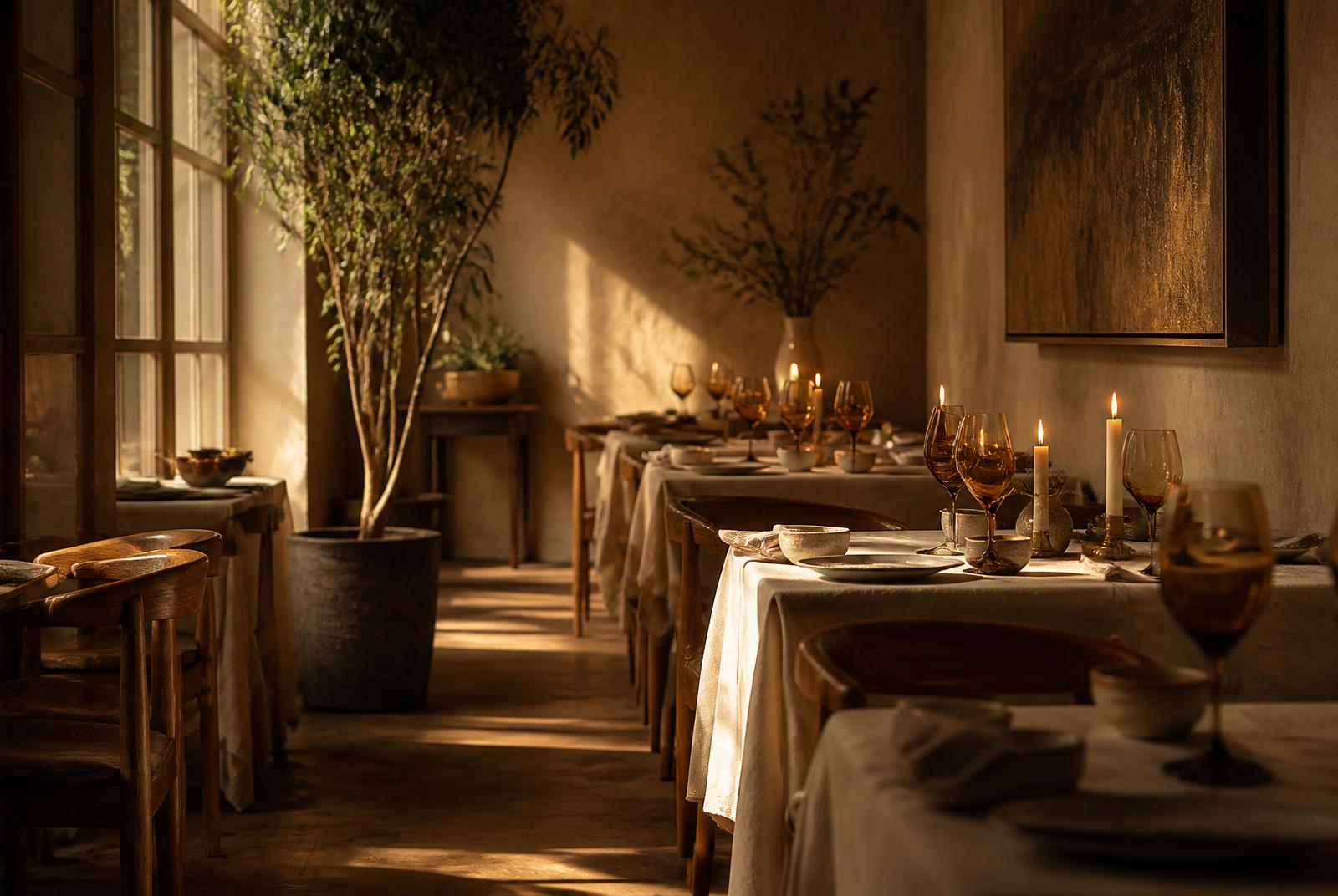 Warmly lit dining room, tables filling with guests